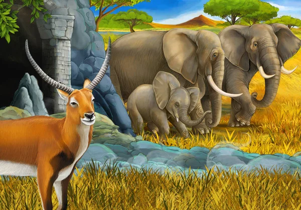 Cartoon safari scene with family of antelopes and elephant on the meadow illustration for children — Stock Photo, Image