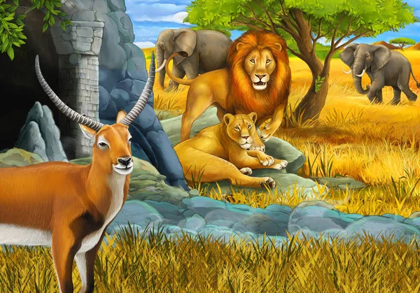 带着羚羊、狮子和大象在草地上向孩子们展示的卡通片狩猎场景 — 图库照片
