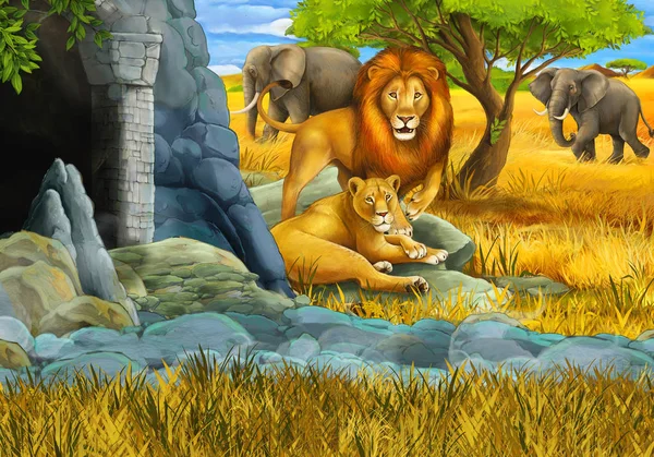 Cena de safári de desenhos animados com família de antílopes leão e elefante na ilustração do prado — Fotografia de Stock