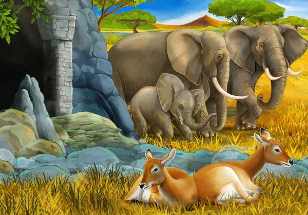 Scène safari dessin animé avec famille d'antilopes et éléphant sur l'illustration de prairie pour enfants — Photo