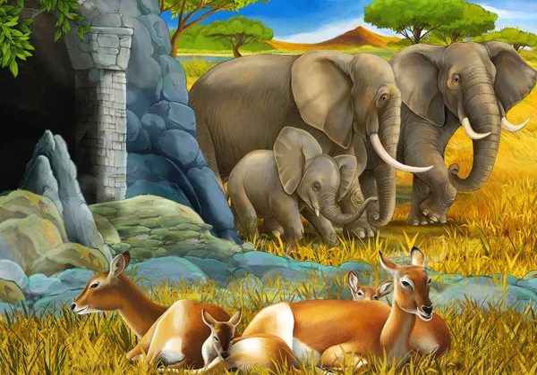 Scena safari con famiglia di antilopi ed elefante sul prato illustrazione per bambini — Foto Stock