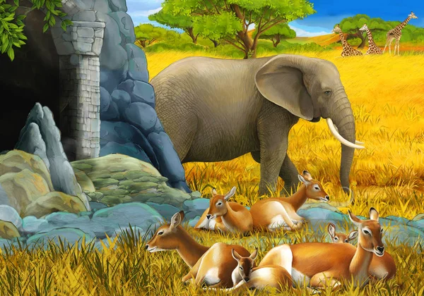 Cartoon safari scene with family of antelopes and elephant on the meadow illustration for children — Stock Photo, Image