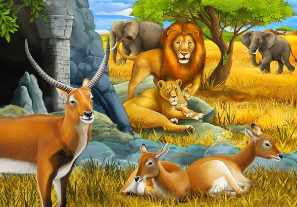 Cartoon safari scene with family of antelopes lion and elephant on the meadow illustration for children — Stock Photo, Image