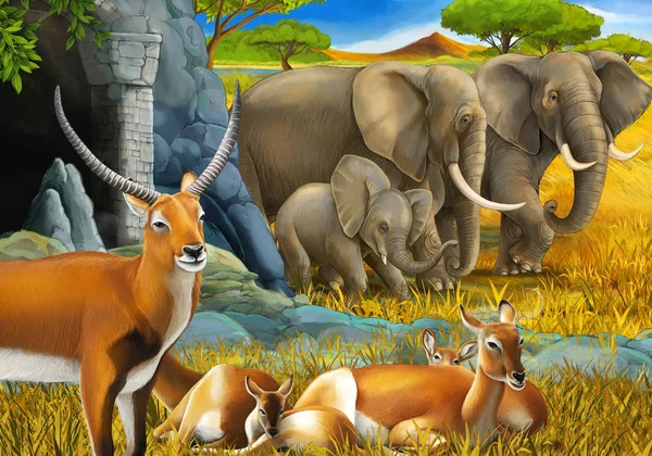 Cartoon safari scene with family of antelopes and elephant on the meadow illustration for children — Stock Photo, Image