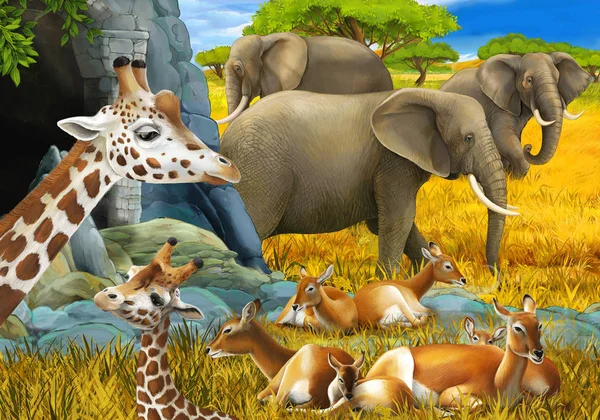 Zeichentrickszene mit Safari-Tieren Giraffenantilope und Elefant auf der Wiese Illustration für Kinder — Stockfoto