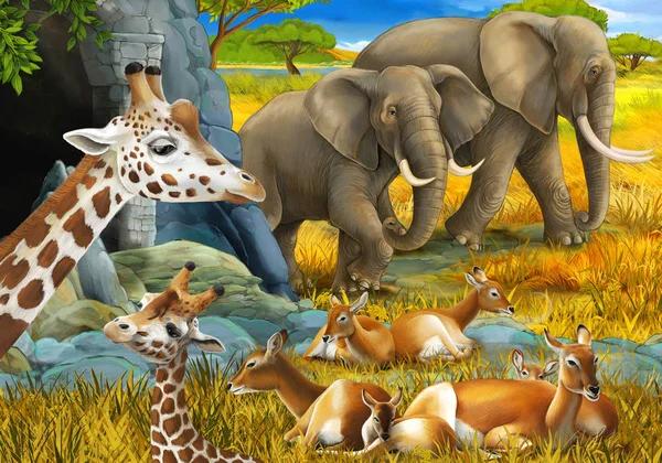 Kreslená scéna se safari zvířaty žirafa antilopa a slon na louce ilustrace pro děti — Stock fotografie