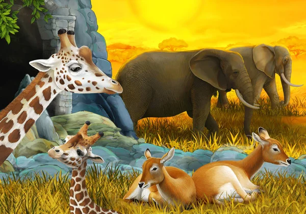 Escena de dibujos animados con animales safari jirafa antílope y elefante en el prado ilustración para niños —  Fotos de Stock