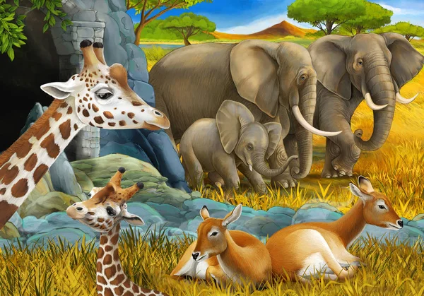 Escena de dibujos animados con animales safari jirafa antílope y elefante en el prado ilustración para niños —  Fotos de Stock