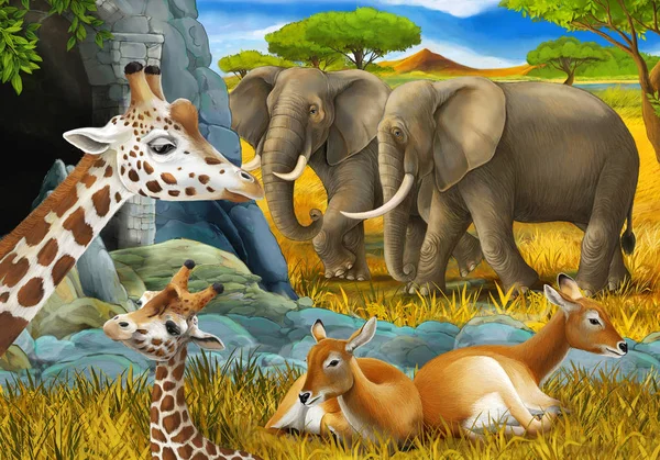 Escena de dibujos animados con animales safari jirafa y elefante en el prado ilustración para niños —  Fotos de Stock
