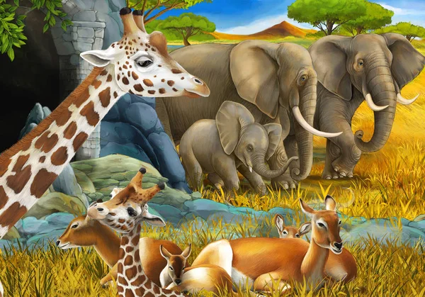 サファリ動物キリンと象のいる漫画のシーン子供のための牧草地のイラスト — ストック写真