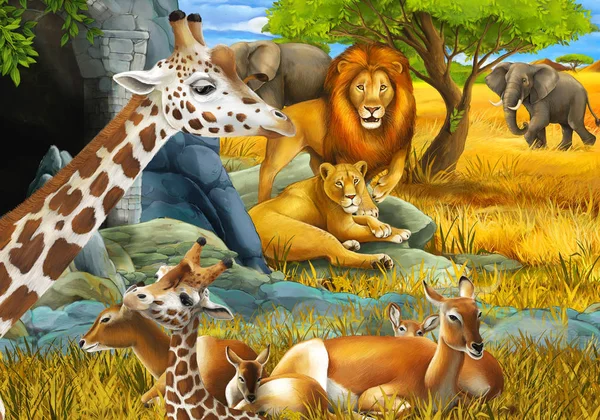 在草地上的卡通片场景，孩子们可以看到草原动物长颈鹿、羚羊、狮子和大象的图片 — 图库照片