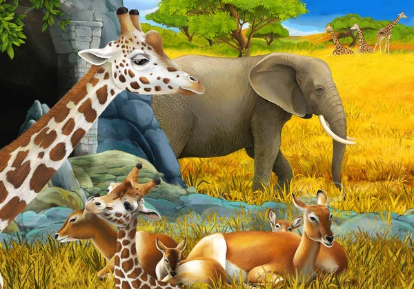 サファリ動物キリンカモシカと象のいる漫画のシーン子供のための牧草地のイラスト — ストック写真
