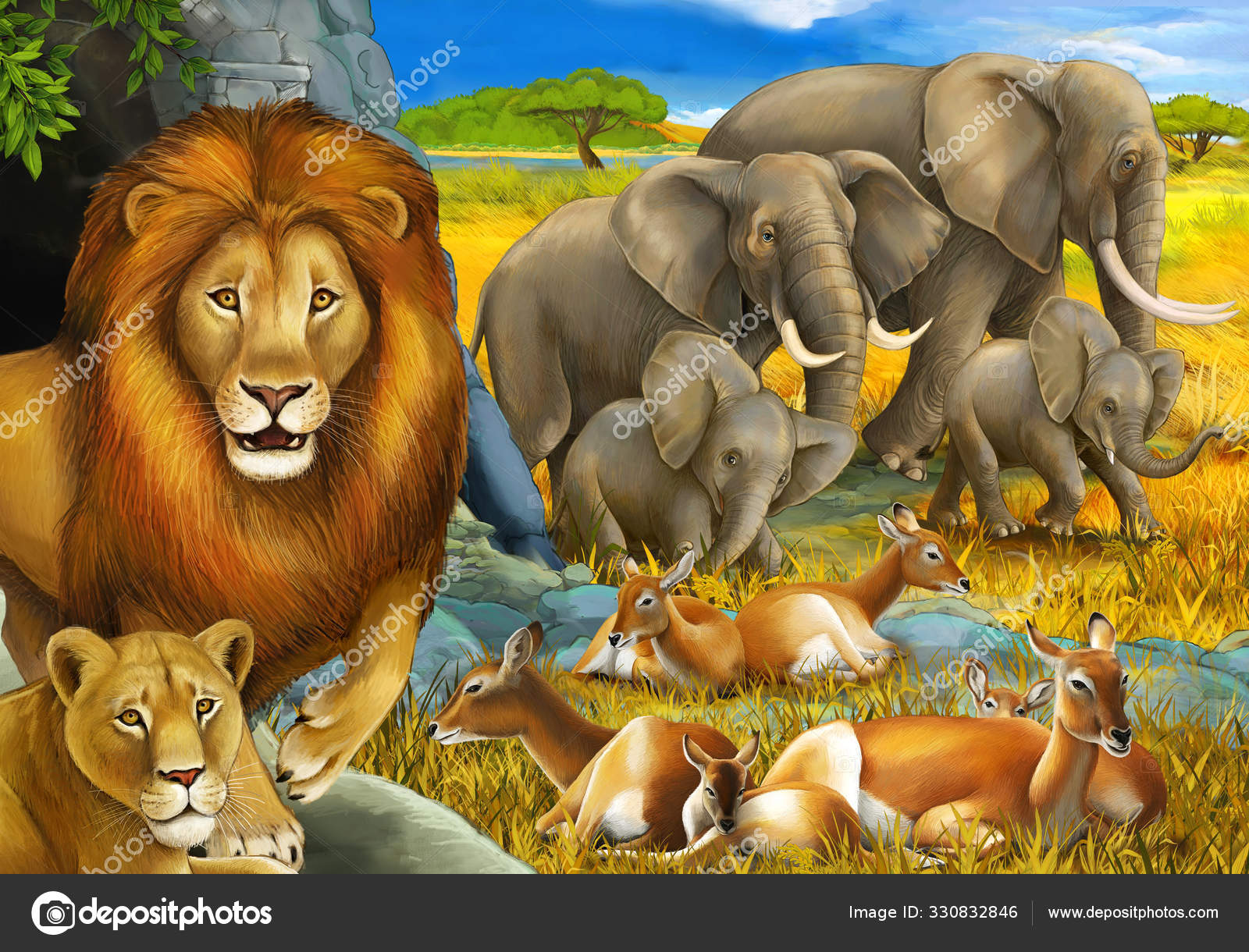 Cartoon safari scene with lions resting and elephant on the meadow illustration for children Stock Photo by ©illustrator_hft 330832846 Cartoon safari scene with lions resting and elephant on the meadow illustration for children Stock Photo by ©illustrator_hft 330832846