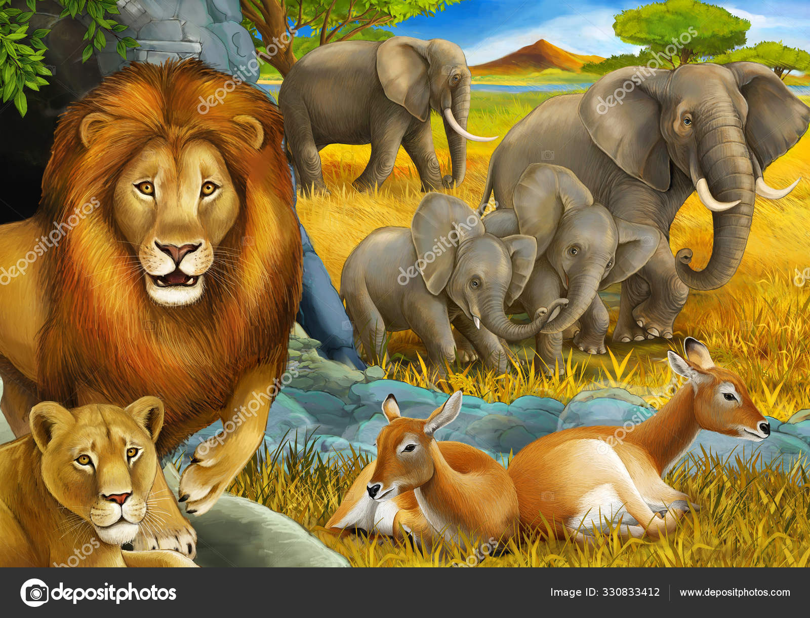 Cartoon safari scene with lions resting and elephant on the meadow illustration for children Stock Photo by ©illustrator_hft 330833412 Cartoon safari scene with lions resting and elephant on the meadow illustration for children Stock Photo by ©illustrator_hft 330833412