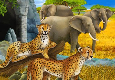 Safari hayvanlarının olduğu karikatür sahnesi çita ve çayırdaki filler çocuklar için.