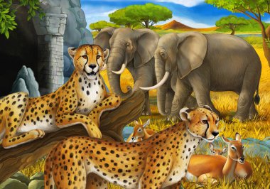 Safari hayvanları, çita antiloplar ve çocuklar için çayırdaki fillerin olduğu bir çizgi film sahnesi.