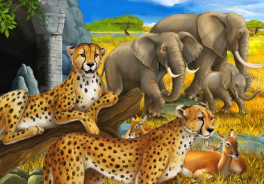 Safari hayvanları, çita antiloplar ve çocuklar için çayırdaki fillerin olduğu bir çizgi film sahnesi.
