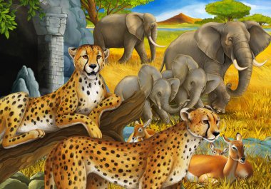Safari hayvanları, çita antiloplar ve çocuklar için çayırdaki fillerin olduğu bir çizgi film sahnesi.