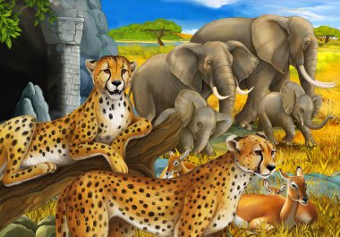 Safari hayvanları, çita antiloplar ve çocuklar için çayırdaki fillerin olduğu bir çizgi film sahnesi.