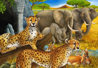 Safari hayvanları, çita antiloplar ve çocuklar için çayırdaki fillerin olduğu bir çizgi film sahnesi.