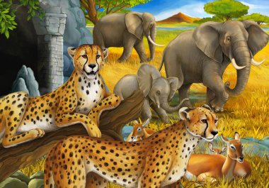Safari hayvanları, çita antiloplar ve çocuklar için çayırdaki fillerin olduğu bir çizgi film sahnesi.