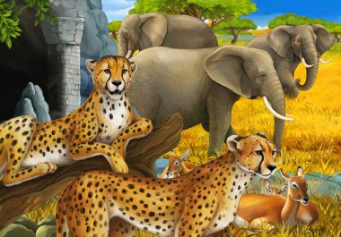 Safari hayvanları, çita antiloplar ve çocuklar için çayırdaki fillerin olduğu bir çizgi film sahnesi.