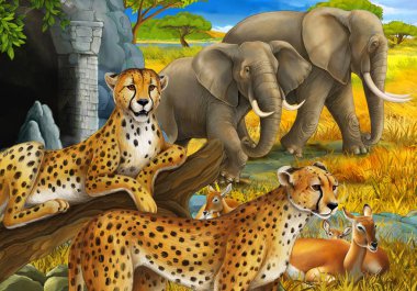 Safari hayvanları, çita antiloplar ve çocuklar için çayırdaki fillerin olduğu bir çizgi film sahnesi.