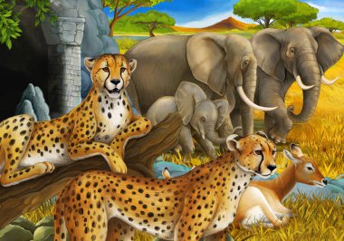 Safari hayvanları, çita antiloplar ve çocuklar için çayırdaki fillerin olduğu bir çizgi film sahnesi.