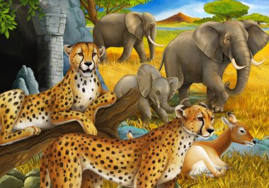 Safari hayvanları, çita antiloplar ve çocuklar için çayırdaki fillerin olduğu bir çizgi film sahnesi.