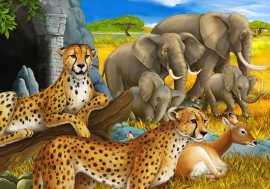 Safari hayvanları, çita antiloplar ve çocuklar için çayırdaki fillerin olduğu bir çizgi film sahnesi.