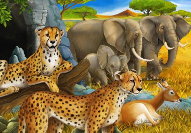 Safari hayvanları, çita antiloplar ve çocuklar için çayırdaki fillerin olduğu bir çizgi film sahnesi.