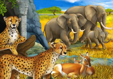 Safari hayvanları, çita antiloplar ve çocuklar için çayırdaki fillerin olduğu bir çizgi film sahnesi.