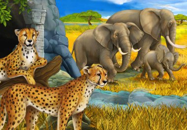 Safari hayvanlarının olduğu karikatür sahnesi çita ve çayırdaki filler çocuklar için.