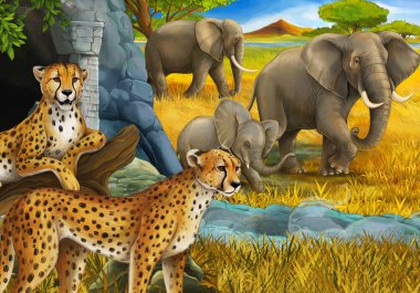 Safari hayvanlarının olduğu karikatür sahnesi çita ve çayırdaki filler çocuklar için.