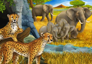 Safari hayvanlarının olduğu karikatür sahnesi çita ve çayırdaki filler çocuklar için.