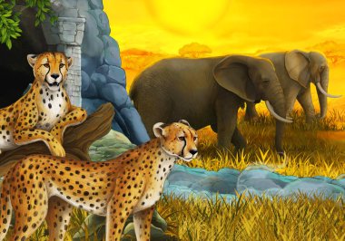 Safari hayvanlarının olduğu karikatür sahnesi çita ve çayırdaki filler çocuklar için.