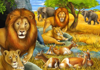 Aslanların dinlendiği çizgi film safari sahnesi ve çocuklar için çayırda fil resimleri.