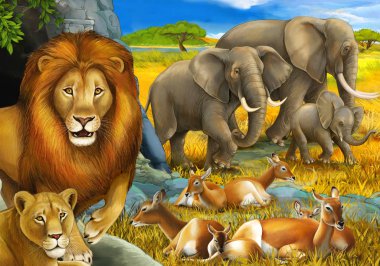 Aslanların dinlendiği çizgi film safari sahnesi ve çocuklar için çayırda fil resimleri.