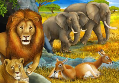 Aslanların dinlendiği çizgi film safari sahnesi ve çocuklar için çayırda fil resimleri.