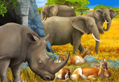 Gergedan antilopları ve çocuklar için çayırdaki fil resimli karikatür sahnesi.