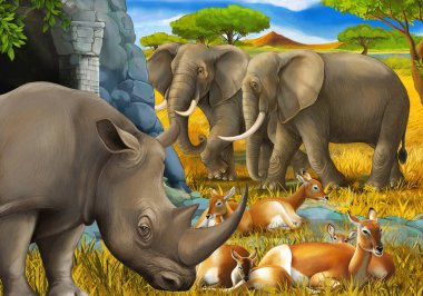 Gergedan antilopları ve çocuklar için çayırdaki fil resimli karikatür sahnesi.