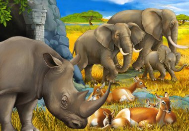 Gergedan antilopları ve çocuklar için çayırdaki fil resimli karikatür sahnesi.