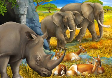 Gergedan antilopları ve çocuklar için çayırdaki fil resimli karikatür sahnesi.