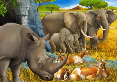 Gergedan antilopları ve çocuklar için çayırdaki fil resimli karikatür sahnesi.