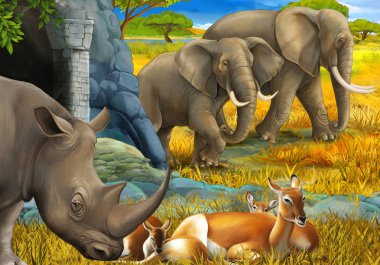 Gergedan antilopları ve çocuklar için çayırdaki fil resimli karikatür sahnesi.