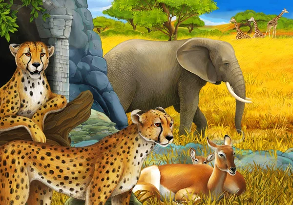Мультиплікаційна сцена з сафарі тваринами гепардами антілопами і слонами на лузі ілюстрація для дітей — стокове фото