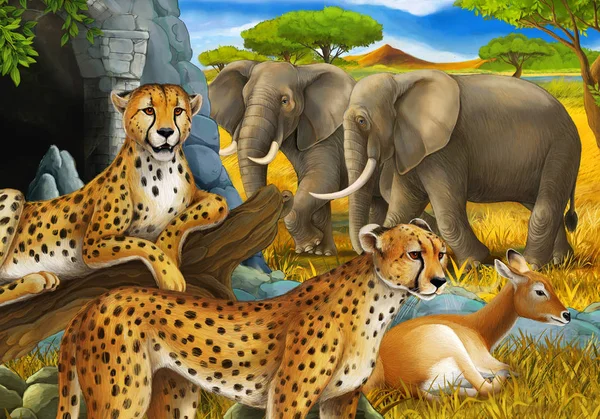 Мультиплікаційна сцена з сафарі тваринами гепардами антілопами і слонами на лузі ілюстрація для дітей — стокове фото