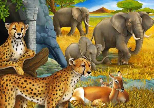 Scena kreskówki ze zwierzętami safari antylopy gepardy i słonie na łące ilustracja dla dzieci — Zdjęcie stockowe