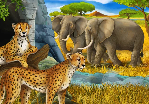 Мультяшна сцена з сафарі тварин гепард і слони на лузі ілюстрація для дітей — стокове фото