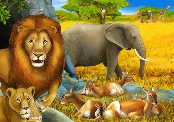 卡通片中的狩猎场景，狮子休息，大象在草地上为孩子们作画 — 图库照片